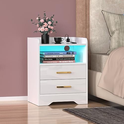 HaodaCulture Nachttisch mit LED Licht,nachttisch mit ladefunktion nachttisch mit Beleuchtung Nachtschrank mit 2 Schublade Nachttische für Schlafzimmer (1, 45x40x58cm)