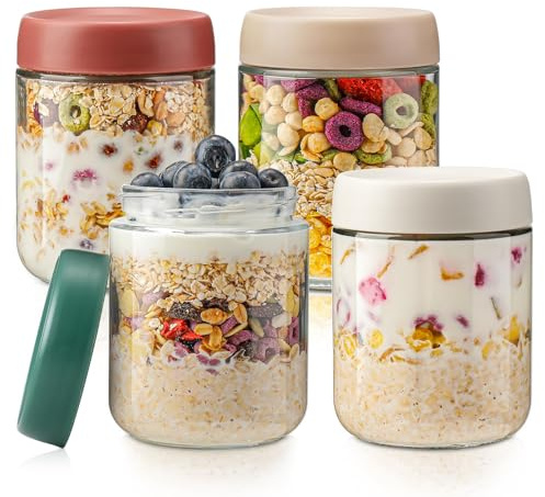 4 Pack Overnight Oats Jar Container, 17.5 Oz Glass Mason Jars with Leak-proof Lids, Yogurt Jars, Oatmeal Salad Jars, Clear Kitchen Food Storage Jars for Cereals Milk Fruit Condiment Dressing Sauce