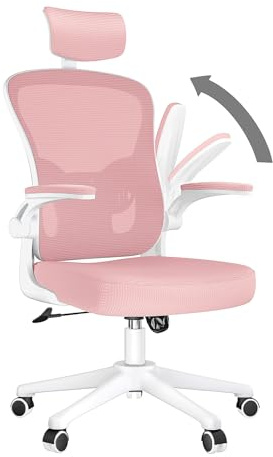rattantree Silla de Oficina, de Escritorio Ergonómica con Reposacabezas Ajustable y Soporte Lumbar, Respaldo de Malla Transpirable, Reposabrazos Abatibles de 90°, Silla Giratoria de 360°, Rosa