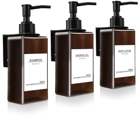 Roselee 3er Seifenspender Wandbefestigung Set, Dusche Ohne Bohren 300ml Wandmontage Braun Shampoo Spender Mit Trichter Und Wasserdichten Etiketten für Küche Bad