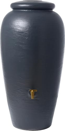 4rain Amphora Regentonne 220 Liter Graphitgrau – Regenamphore mit Auslaufhahn + Anschluss-Set – Frostsicherer Regenwassertank/Regenwassertonne – Wassertonne für Garten – Wasserfass Amphoren-Optik