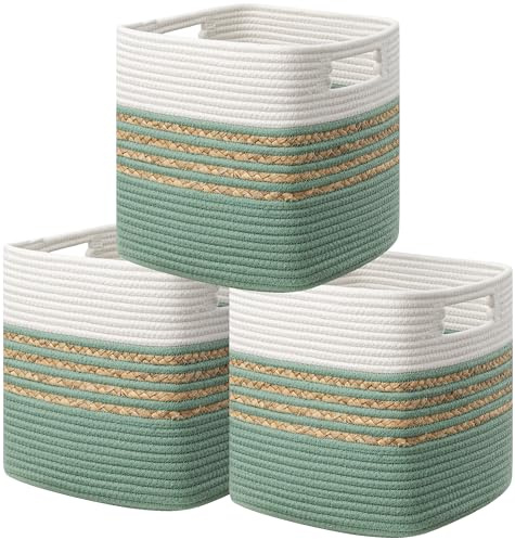 UBBCARE Aufbewahrungskörbe aus Wasserhyazinthe für Regale, Spielzeug, Bücher, Aufbewahrungskörbe mit Griffen, Baumwollseil, gewebte Körbe zum Organisieren, 33 x 33 x 33 cm, Grün, 3 Stück