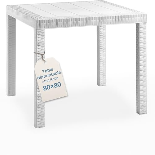 Tomaino - Tavolo da giardino in plastica quadrato 80x80 - Tavolino per esterno 4 posti effetto rattan per casa, bar e ristorante con foro per ombrellone (Bianco)