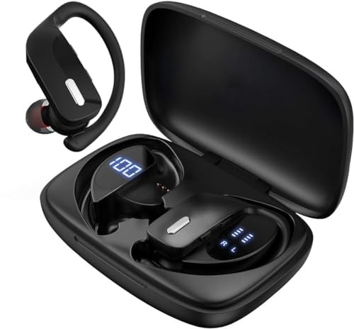Auricolari sportivi senza fili Bluetooth con display di alimentazione LED, custodia di ricarica, con gancio per le orecchie, per TV, telefono, laptop, musica, colore: nero