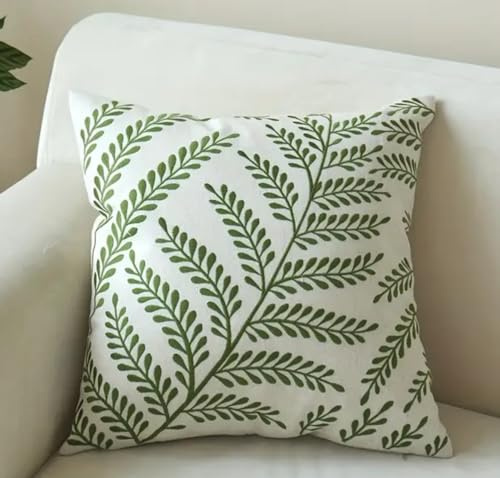 ZUODUTEX Green Leaves Embroidered Throw Cushion Cover, 18 x 18 Inch