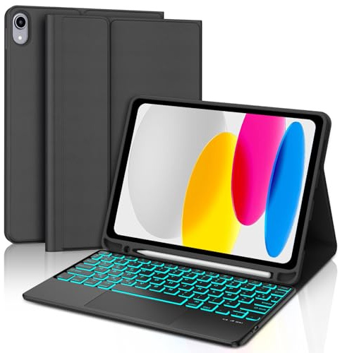 Coque Clavier pour iPad A16 11/10 Ème Generation 2025/2022 11/10.9 Pouces | Pavé tactile 7 Couleurs Rétroéclairées, Étui Keyboard Détachable Bluetooth sans Fil, AZERTY Français avec Porte Crayon, Noir