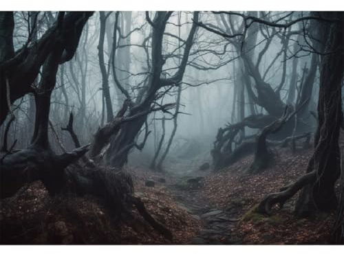 Xiaoterna 6x3m Halloween Toile de Fond Forêt brumeuse Feuilles tombées Route Horreur Forêt Sombre Fond Photographique Fond de scène de forêt Nocturne Décoration de fête d'anniversaire