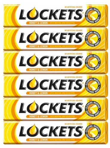 Lockets Honey and Lemon 41g Pack of 6 Throat Cough Cold Clearing Menthol Eucalyptol Fast Acting Hard Candy Remedy Lozenges with Welari Thank You Card | (6pack) (246g)