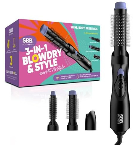 SBB Brosse Coiffante à Air Chaud 3 en 1 – Outil 500 W avec Buse de Sèche-Cheveux, Tête Ronde pour Boucles et Volume – Brosse Chauffante et Sèche-Cheveux