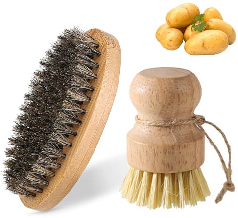 Pack of 2 Potato Brush, Vegetable Brush, Wooden Vegetable Brush, Mushroom Brush, Palm Brush, Cup Brush, Washing Up Brush, Mushroom Brush, Potato Brush for Kitchen, Sink, Non-Slip Fruit Brush