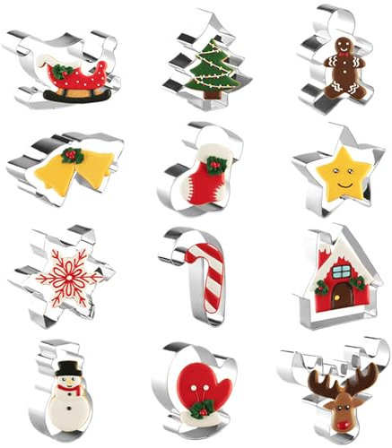 Christmas Cookie Cutters for Baking, 12 PCS Xmas Biscuit Cutters for Kids-Gingerbread Man, Reindeer, Snowman, Cane, Snowflake, Christmas Tree and More Shapes Stainless Steel Holiday Biscuit Cutters