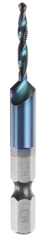 QUARKZMAN Foret et Taraud Combinés M3 x 0,5 Filetage 1/4 Tige Hex HSS 4341 | Tarauds Métrique à Vis à Filetage Bleu Nano Revêtus de Spirale de Perçage et de Taraudage Acier Rapide
