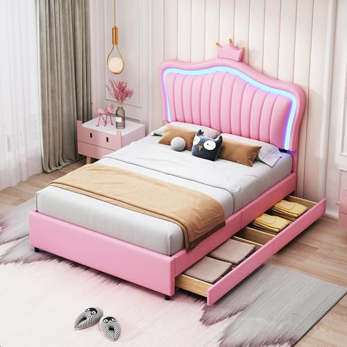 Moimhear Kinderbett Polsterbett 90 x 200 cm, Rosa Krone Mädchen Einzelbettgestell PU-Leder mit Aufbewahrungsschubladen, LED-Leuchten, Lattenrost und Rückenlehne (Rosa)