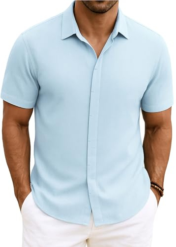 Enlision Men's Short Sleeve Light Blue Shirts Button Up for Men Beach Summer Casual Shirt XL
