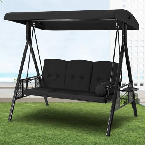 UNIONLINE 3 Seater Garden Swing Chair, Outdoor Swing Chairs Thick Padded Seat with Adjustable Tilting Canopy,Hammock Chair Bench Side Tables Cup Trays For Garden/Balcony/Terrace/Patio(Black)
