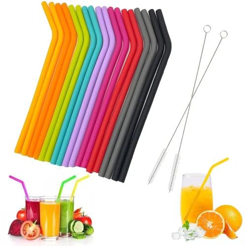 20Pcs Silicone Straws Reusable Set - 18 Flexible Drinking Straws + 2 Cleaning Brushes, Colorful Bend Drinking Straws, Regular Size for Adults Kids, Cocktails & Cold Drinks (Assorted Colors)