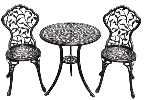 TangXiaoQi Antike gegossene Aluminium Taverne Set, 3-teiliges Set, Gartenmöbel Set mit Zwei Stühlen und rundem Tisch, dekoratives Design, Bronze Aussehen (Blatt)