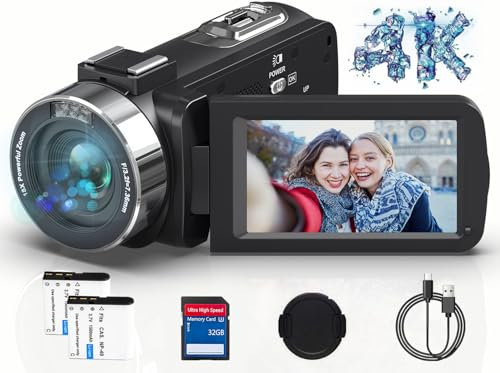 Caméscope 4K Caméra Vidéo HD 80MP 30FPS Vision Nocturne Infrarouge Zoom Numérique 18X Webcam Camescope, 3,0’’ Pouces Rotation à Écran IPS Vlogging Camera pour Youtube avec 2 Batteries, Carte SD 32Go