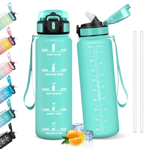HoneyHolly Trinkflasche 1L, Auslaufsicher, Trinkflasche Kohlensäure Geeignet, Wasserflasche BPA-Frei, Sportflasche mit Strohhalm, Trinkflaschen Sport für Laufen, Fahrrad, Fitness