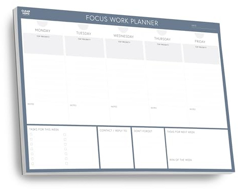 Clear Mind Concepts Focus arbetsplanerarblock – A4 veckoproduktivitetsorganisatör, 52 avrivbara odaterade ark, måndag-fredag skrivbordsdyna – spåra prioriteringar, uppgifter och anteckningar för