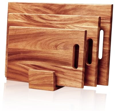 Bierofaro Acacia Wooden Chopping Boards Set of 3, Cutting Board for Kitchen, Large Wood Chopping Board Set with Stand, Serving Tray for Cheese, Meat, Fruit and Vegetable