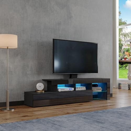 High Gloss TV Stand Cabinet with LED Lights,TV Table Unit for up to 65 Inch Television with 3 Drawers,3 Open Shelves and 1 Glass Shelf,Modern Entertainment Center for Living Room,Dining Room (Black)