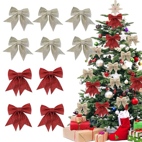 Rainway 10 Pièces Noeuds Sapin Noels Pailletés, Noeud Rouge Noel, Noeud Noel, Noeuds Cadeau noël, Decoration noëls Sapin, Deco Noëud de Noël Sapin pour Déco Sapin Noëls Hiver Fête (Champagne+Rouge)