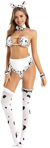 ROSVAJFY Set di lingerie sexy da cameriera mucca in 9 pezzi, outfit anime cosplay per donna, reggiseno, mutandine, babydoll, micro bikini, grembiule, uniforme con bordi in pizzo, scollo a V con lacci