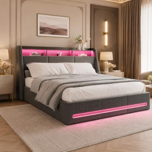 WOBOPCG Polsterbett Doppelbett 140x200,Hydraulisch Stauraumbett Nachttisch Mit Ladefunktion Led Doppelbett Mit Stauraum Funktionsbett Stauraumbett Bett Mit Stauraum (Grau+Leinen, 140x200)