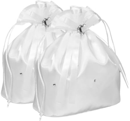 ULDIGI 2 Pezzi Borsa da Sposa Bianca in Raso con Strass e Nastro Cuore da Borsette Eleganti per Damigelle Leggere e Raffinate per Cerimonie e Matrimoni Western
