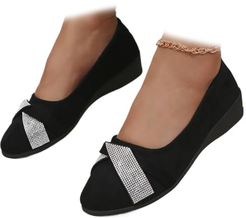 Women's Lightweight Fashion Rhinestone Wedge Shoes, Comfortable Orthopedic Wide Fit Dressy Ballet Flats Sparkly Wedding Party Evening Low Heel Pumps (6.5,Black)