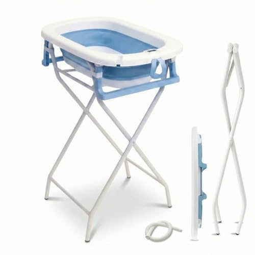 Baignoire pliable pour bébé | Design portable et pliable | Nouveau-né | Avec thermomètre + pieds antidérapants + bouchon de vidange (support bleu)