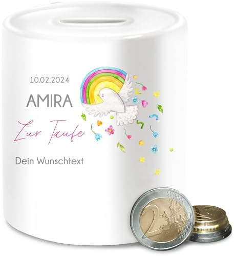 Spardose - Zur Taufe mit Wunschtext Watercolor Taube Regenbogen - Taufgeschenk Geschenk - Unisize - Weiß - Geschenke firmung konfirmation konfirmationsgeschenke taufgeschenke konfirmationsgeschenk