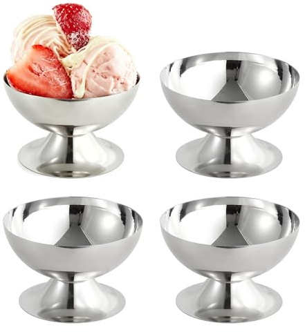 Mocifa 4 Stk Edelstahl Eisbecher Silber, Ø 10cm 180ml,Dessertschale mit Fuß | Eiscreme Schalen Edelstahl, Dessertbecher Silber, Eiscreme Becher, für Dessert, Eis, Pudding, Joghurt, Salat (10 x 6.2 cm)