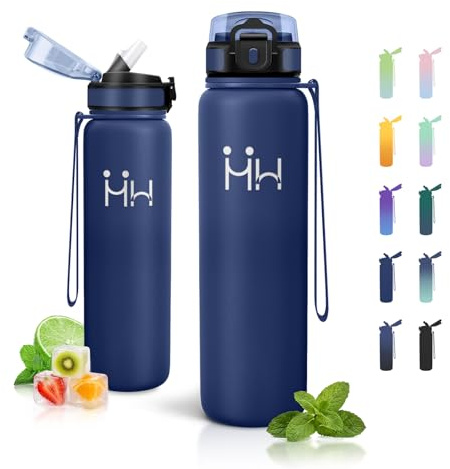 Thermosflasche 1L, Edelstahl Trinkflasche mit Strohhalm, Auslaufsichere Trinkflasche BPA-Frei, Isolierflasche Doppelwandig, Wasserflasche für Jungs, Camping, Laufen, Gym