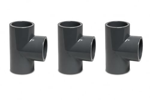 Poolmart - 3 raccordi a T in PVC 90°, 50 mm, manicotto adesivo, PVC-U, 10 bar, grigio, connettore per tubi per piscina, ingegneria idrica e irrigazione (confezione da 3)