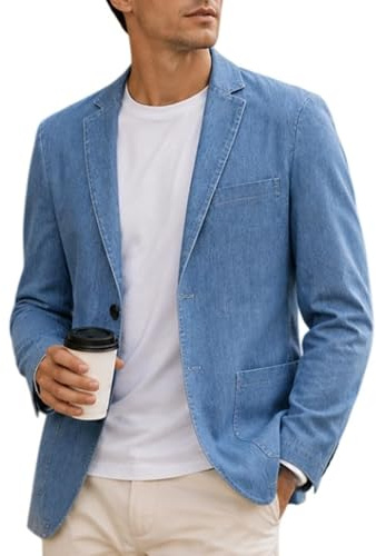 KUUFUUT Blazer da Uomo in Denim Cappotto in Jeans Sfoderato Giacca Sportiva Casual Leggera Taglie Forti Giacca da Completo Casual A Due Bottoni per Lavoro Viaggi E Uso Quotidiano Azzurro Taglia 3XL