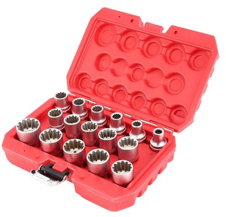 Fawfose 16pc Spline Socket Set, 1 2in DR Metric Socket Set CR V Mirror Finish 12 Point Universal Sockets for Garage Workshop Auto Repair with Knurled Rings
