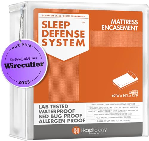 HOSPITOLOGY PRODUCTS Mattress Encasement - Zippered Bed Bug Dust Mite Proof Hypoallergenic - Sleep Defense System - Queen - Waterproof - Stretchable - Standard 12 Depth - 60 W x 80 L
