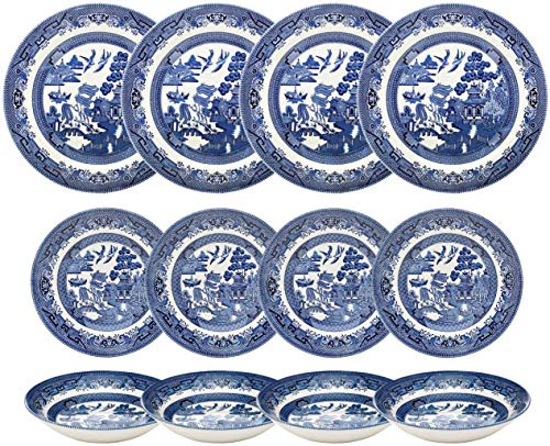 Churchill Blue Willow Dinner Plates Salad Plates and Coupe Bowls 12 Piece Dinnerware Set 12 Piece Set