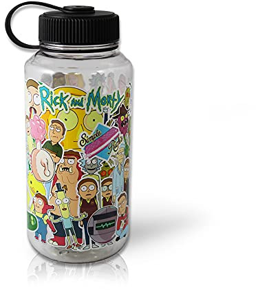 JUST FUNKY Rick and Morty 32 oz Sticker Bomb Water Bottle - Officially Licensed - Durable Beverage Container with Twist-Off Cap & Straw - Featuring Unique Character Graphics - Great for Fans