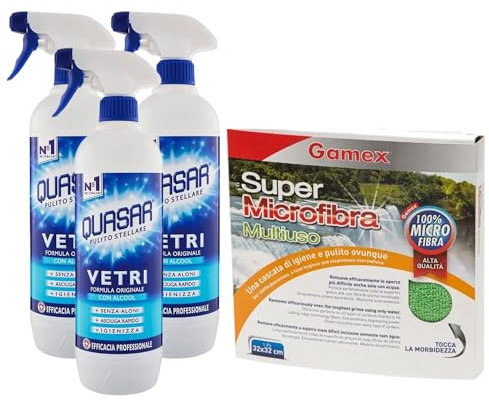 Quasar Pulito Stellare Detergente Per Vetri 3 Pezzi X 650 Ml + Gamex Panno In Microfibra