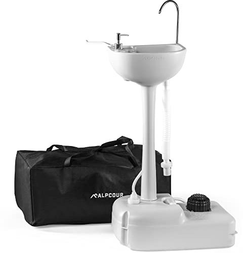 Alpcour Fregadero portátil de camping – Estación de higiene de viaje para interiores y exteriores con lavabo, grifo para correr, dispensador de jabón, toallero, manguera de drenaje, bomba de pie manos