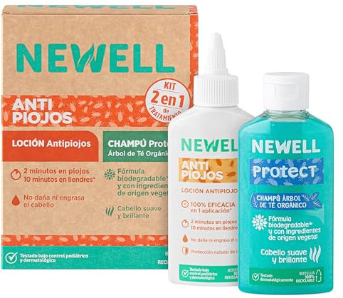 NEWELL | KIT ANTIPIOJOS | Incluye Loción y Champú Newell | Elimina 100% Piojos y Liendres | Kit 100ml + 120ml | No Daña ni Engrasa el Cabello | Botellas 100% Recicladas y Reciclables
