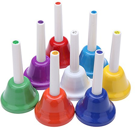 Btuty 8 Handglocken Set, bunte Musikinstrumente für Kinder Musiklernen | 8 farbige Handglocken aus Metall mit klaren Tönen, Zahlen und Noten für Musikunterricht, Rhythmus und Anfänger