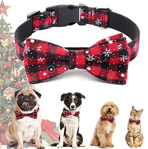 Weihnachten Halsband Hund Katze, Halsbänder mit Fliege Weihnachts Kariertes Kostüm Hundehalsband Abnehmbar Schleife, Rot Verstellbare Halsband Geschenk für Klein Mittlere Groß Hunde Katzen Welpen (S)