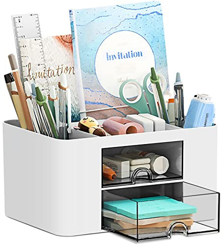 PAMIYO Schreibtisch Organizer 7 Fächer Plastik Büro Organizer, Multifunktionaler Stiftehalter Schreibtisch mit Schublade,Tisch Organizer aus Kunststoff, Stifteköcher für Büro Zuhause Schule (Weiß)