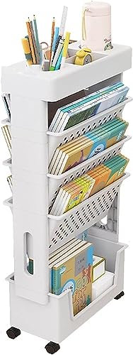 Bewegliches Klassenzimmer-Bücherregal am Schreibtisch, 5-stufiger Rollwagen mit Rädern, Schreibtisch-Organizer, Bücher- und Zeitschriftenständer, schlanker Aufbewahrungswagen for die Bibliothek zu Hau