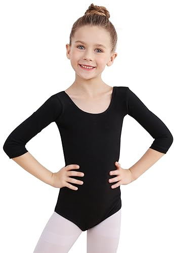 Soudittur Body Danza Classica per Bambine e Donne Cotone Body Ginnastica Artistica Costumi per Balletto Body 3/4 Maniche Lunghe (120, Nero)