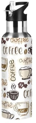 Ksajwzf Doodle Coffee Insulated Water Bottle Stainless Steel Kids Sport Thermos Jug with Straw Lid Vintage Water Flask Leakproof Thermos Bottle for Bike Running Walking Outdoor 20 Oz